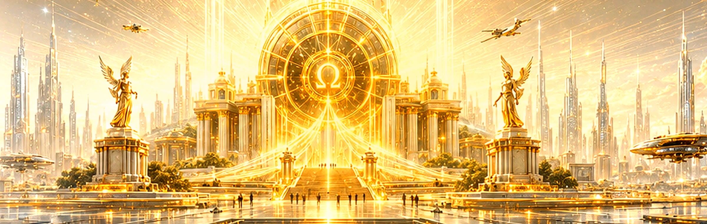 Illustrative solar-gold sovereign intelligence city and luminous institutional portal